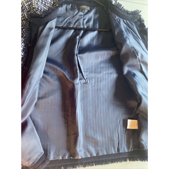 J.Crew Tweed Jacket S Blue & White Fringed Edge - Picture 10 of 11